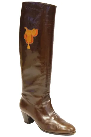 1980s Gucci Mahogany Leather Saddle Applique Boots