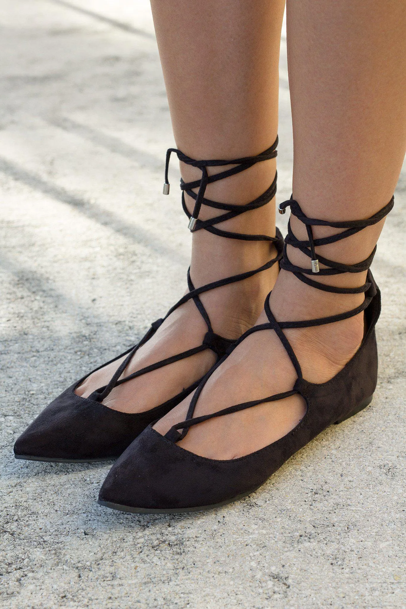 Black Lace Up Ballet Flats