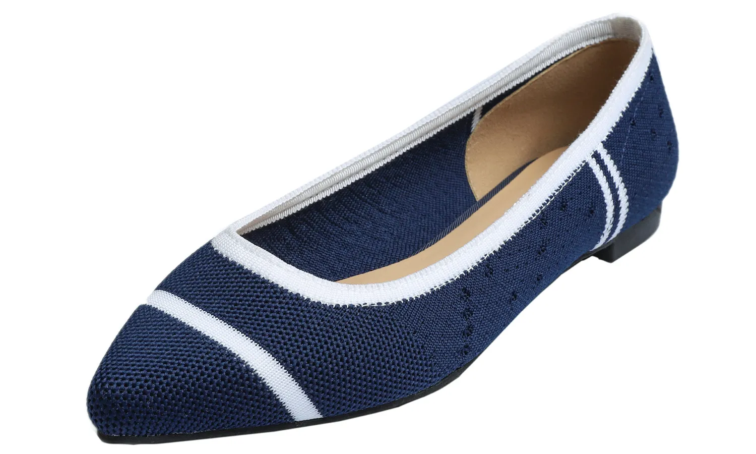 Feversole Women's Woven Fashion Breathable Knit Flat Shoes Pointed Navy White Stripe