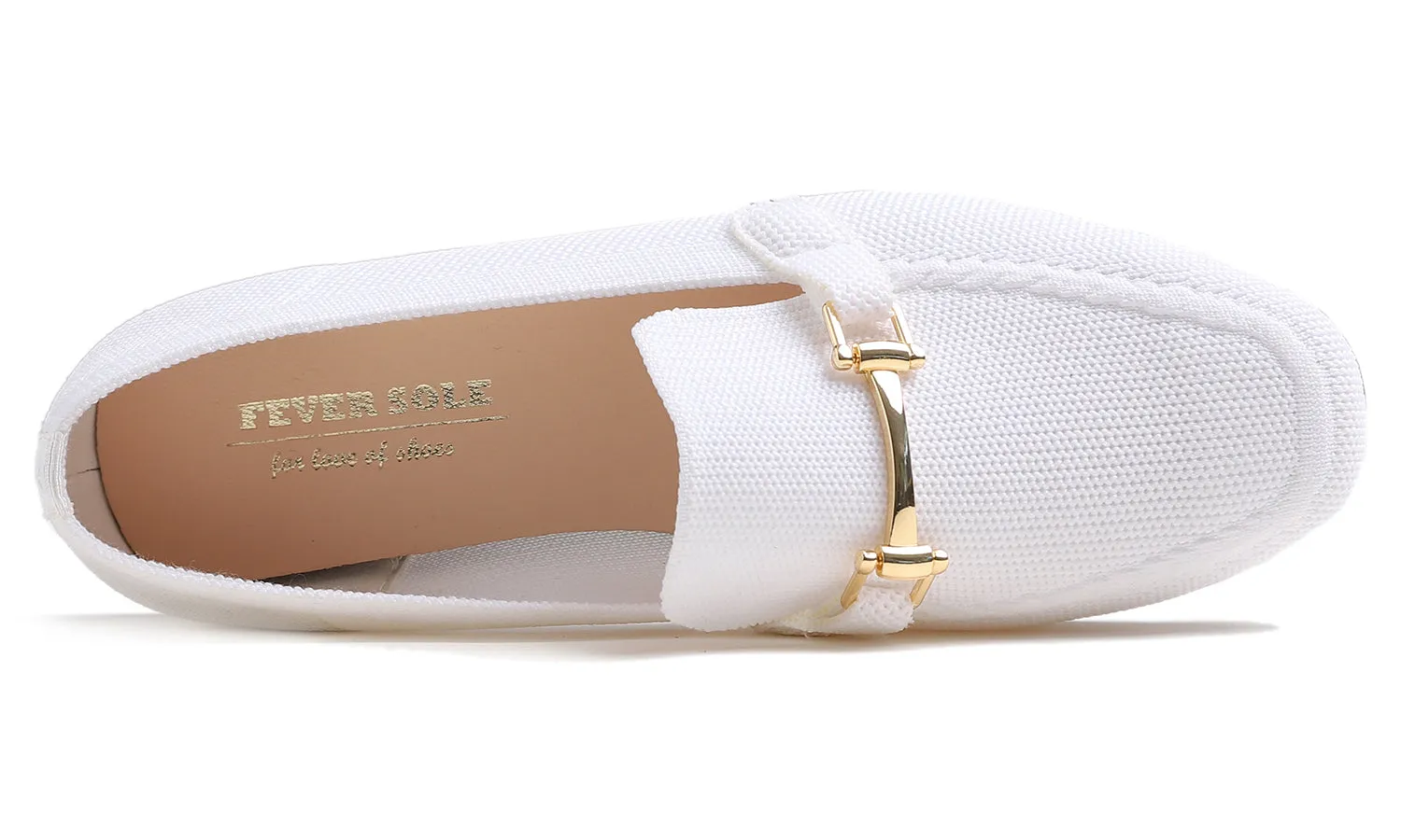 Feversole Women's Woven Fashion Breathable Knit Flat Shoes White Color Loafer Metal Trim