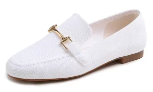 Feversole Women's Woven Fashion Breathable Knit Flat Shoes White Color Loafer Metal Trim