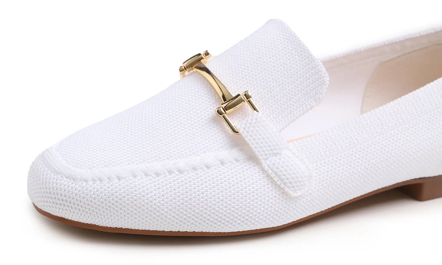 Feversole Women's Woven Fashion Breathable Knit Flat Shoes White Color Loafer Metal Trim