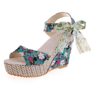 Floral Bowknot Design Wedge Sandals