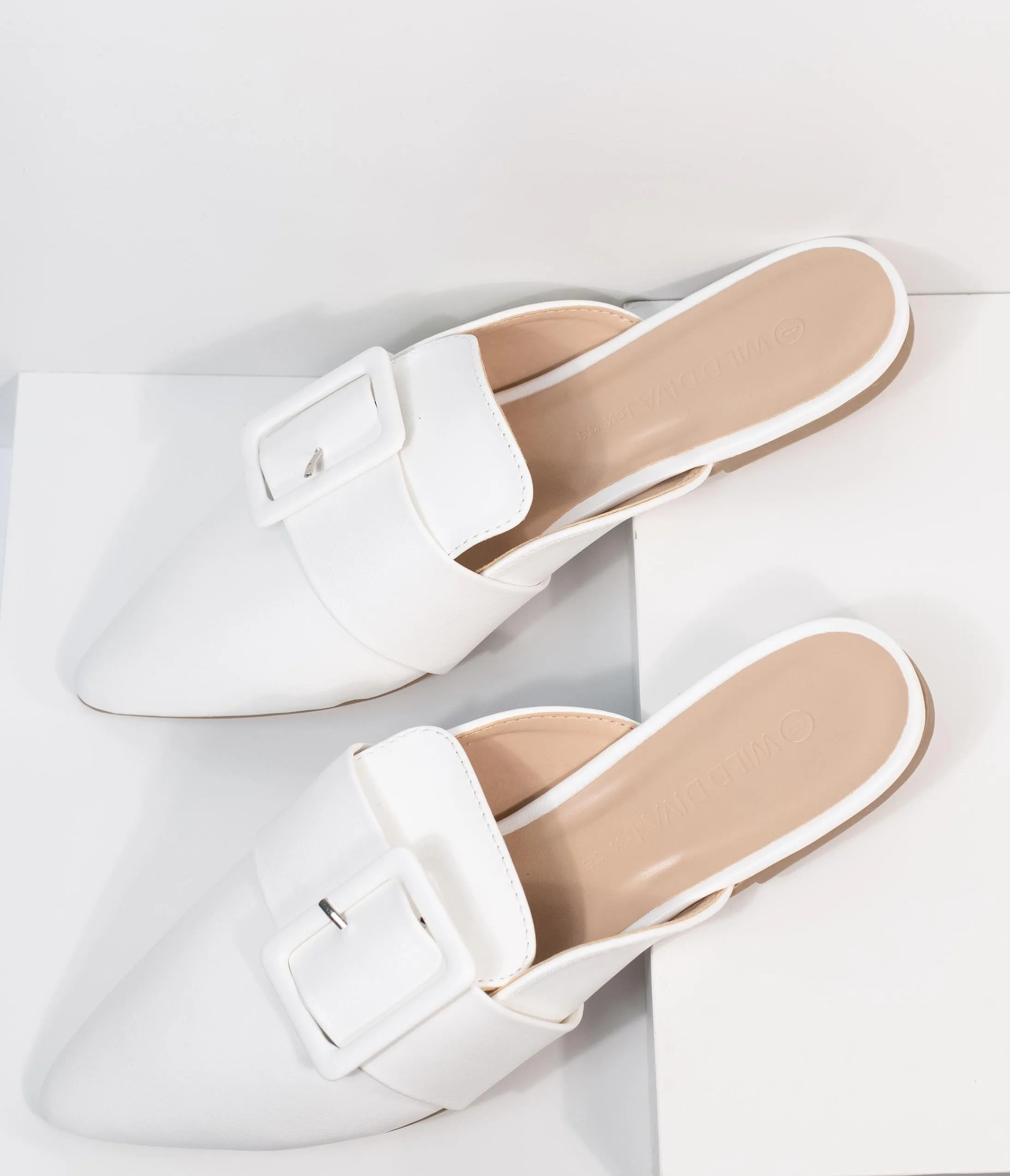 Ivory Leatherette Buckle Mule Flats