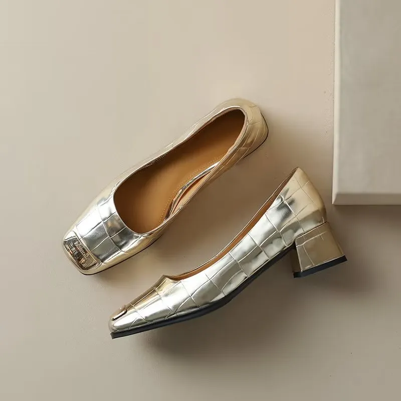 Luxury Embossed Square Toe Slip-on Heels