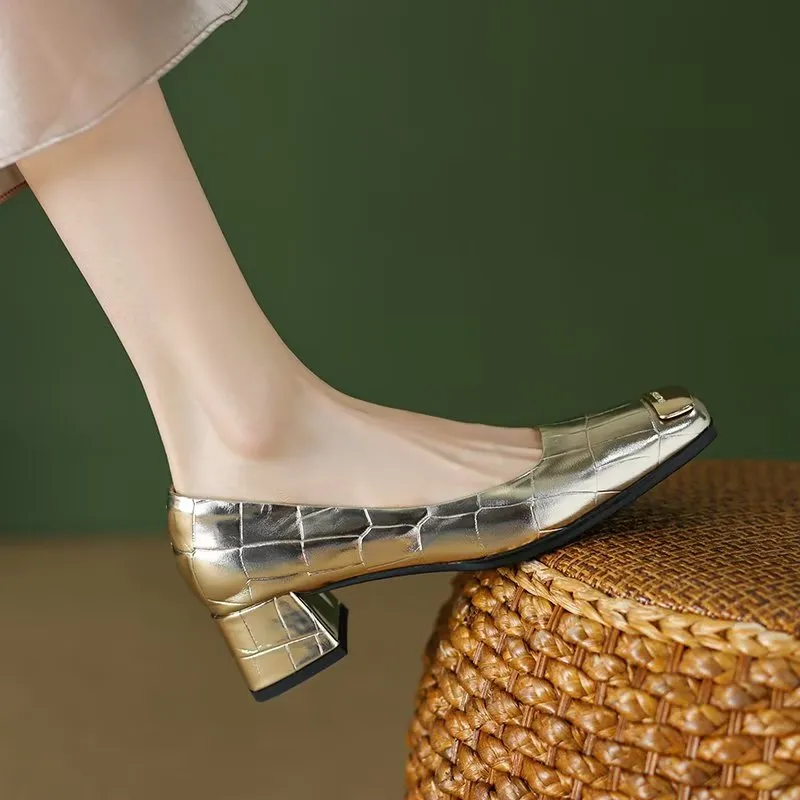 Luxury Embossed Square Toe Slip-on Heels