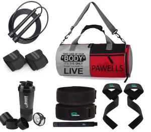 Pawells® Premium Gym Accessories Combo Set for Men and Women Workout with Skipping Rope, Duffle Bag, Wrist Wrap, Deadlift Belt & Strap, Sipper/Shaker - All-in-One Fitness GYM Kit (Pack Of 7)