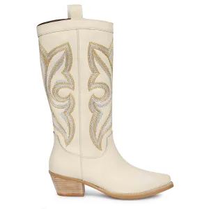 Saint Martina Off White Stitched Leather Cowboy Boots