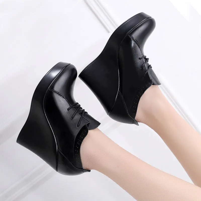 Trendy  Lace Up Black Wedge High Heels