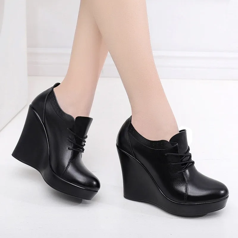 Trendy  Lace Up Black Wedge High Heels